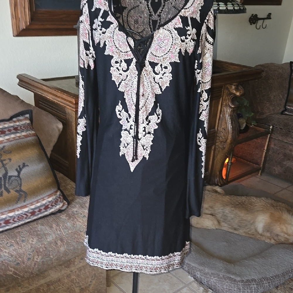 Black and Pink Embellished Sheath Dress with Long Bishop Sleeves